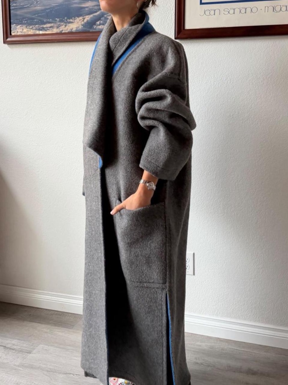 Escada by Margaretha Ley Reversible Wool Grey Blue Oversized Coat vintage 80s